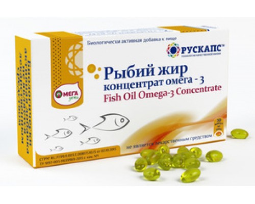 РЫБИЙ ЖИР ОМЕГА-3 концентрированный, Fish Oil Concentrate, РУСКАПС, 30 капсул